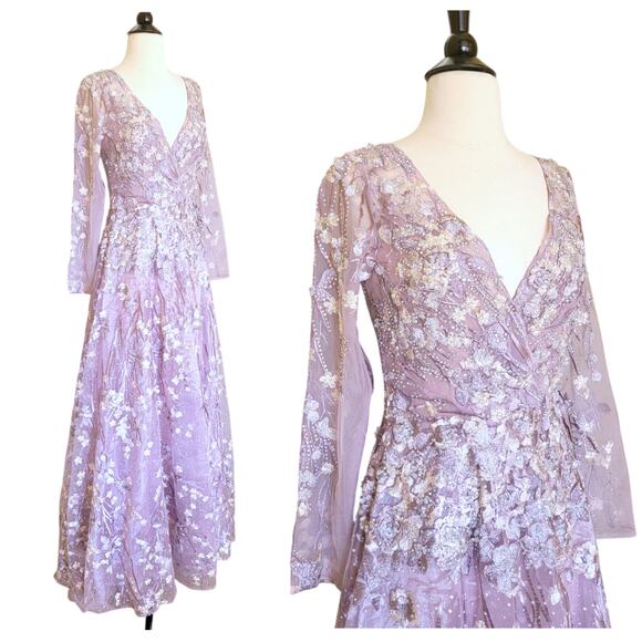 Mac Duggal 20402 Lilac Purple Beaded Floral Embroidered Long Sleeve Gown 4 - Picture 3 of 14